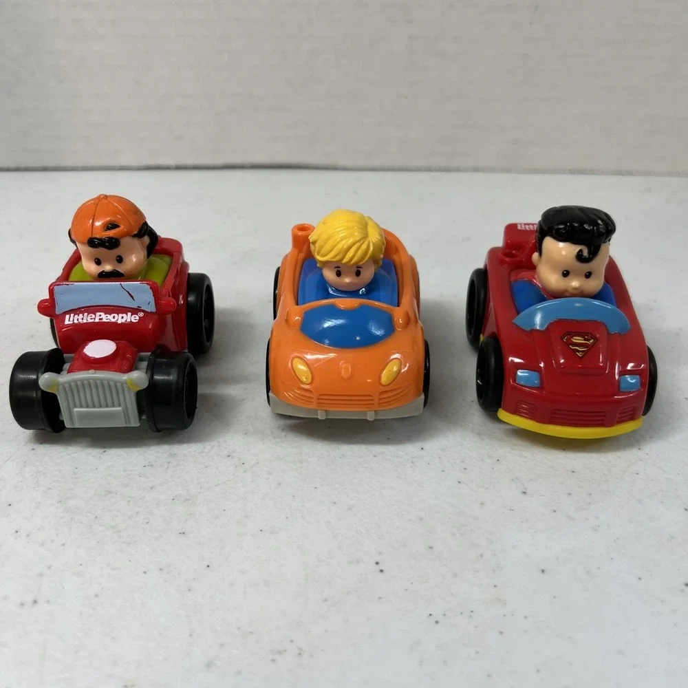 Fisher-Price Little People Wheelies lot of 3 Eddie, Superman, And Hot Rod